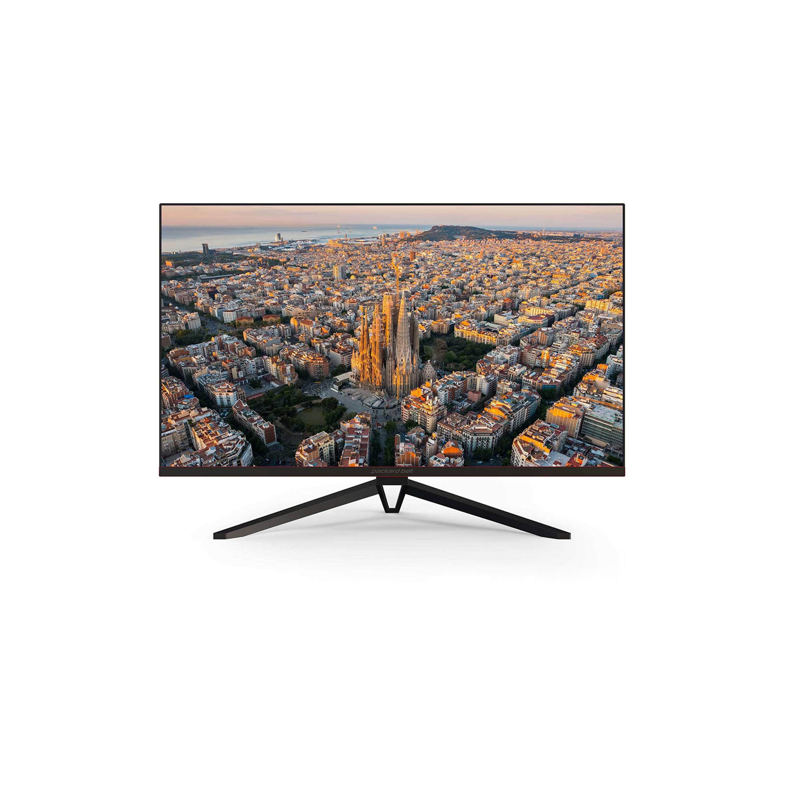 Monitor displaying aerial city view